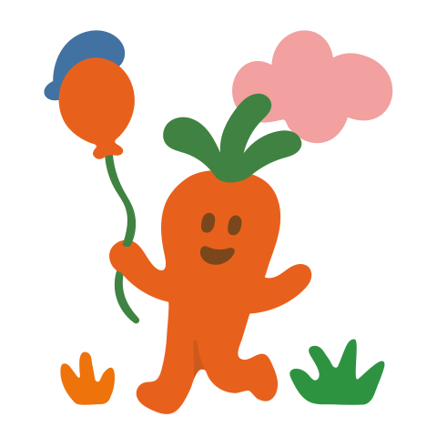 A happy carrot person is holding a balloon.