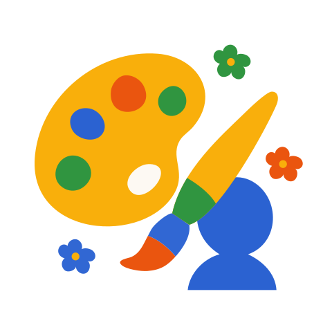 Art supplies and a person are represented.