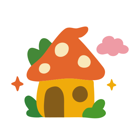 A cute mushroom house with a pink cloud.