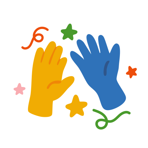 Hands clapping, celebrating with stars and confetti.