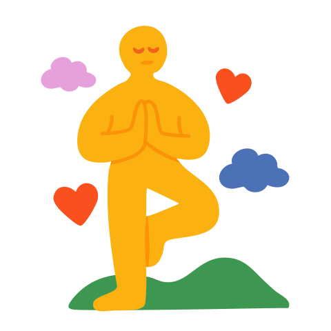 Person meditating in tree pose, surrounded by hearts.