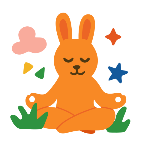 A meditating bunny surrounded by colorful objects.