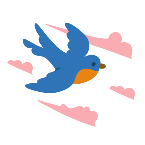 Um pássaro-azul voa entre nuvens rosas.