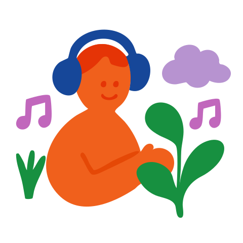 Person, die Musik hört, umgeben von Natur.