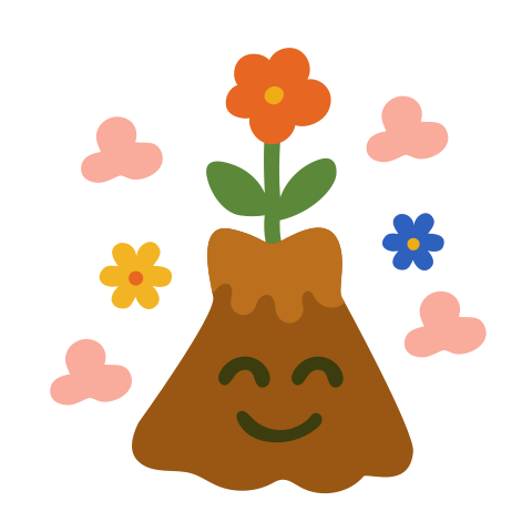 A happy volcano with flowers blooming around it.