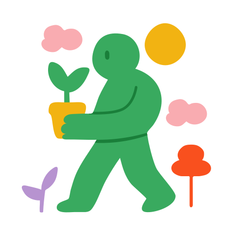 A green person carries a potted plant.