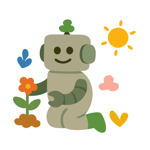 A robot is planting a flower and smiling.