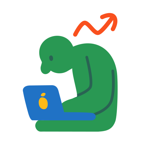 Persona curva su un laptop con una tendenza al rialzo.