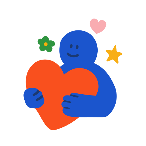 A blue figure hugs a big red heart.