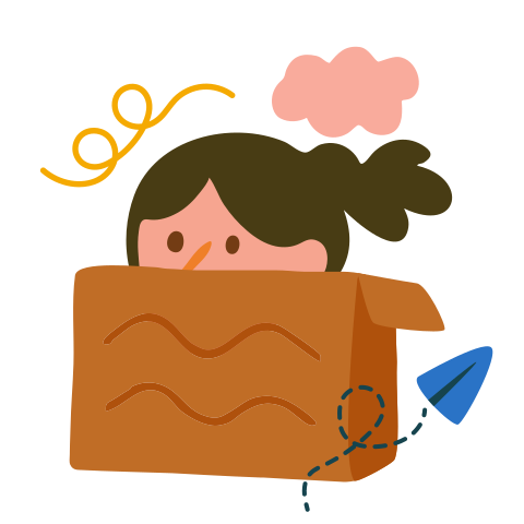 A girl peeks out of a brown cardboard box.