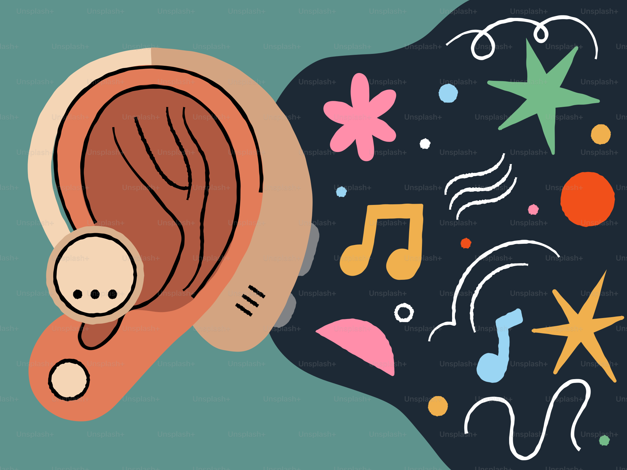 Un oído con audífono está escuchando sonidos.