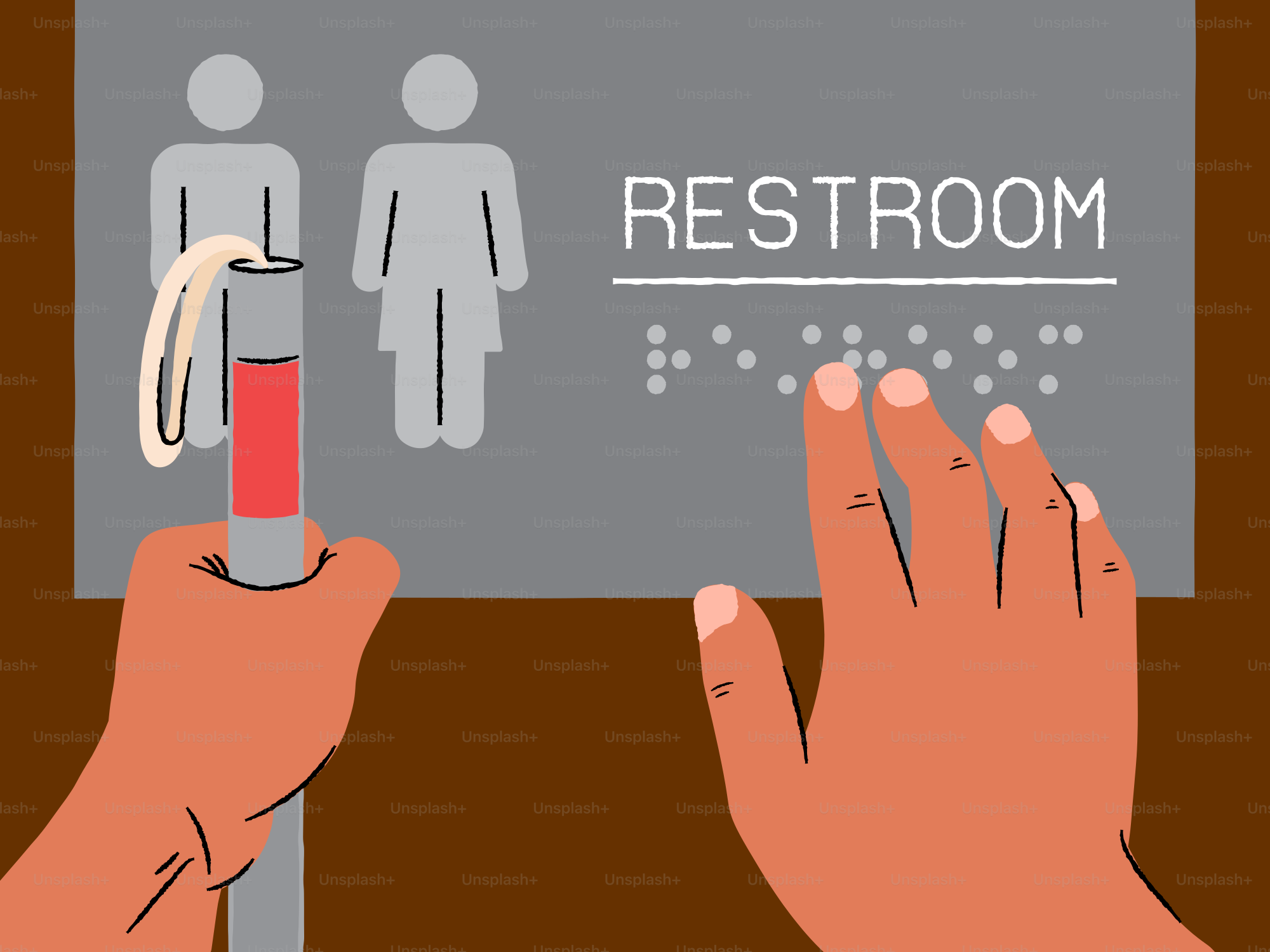 Une personne utilise le braille pour trouver les toilettes.