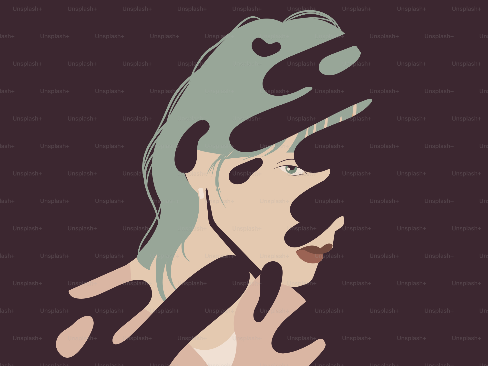 El rostro de una mujer parcialmente cubierto por formas oscuras.