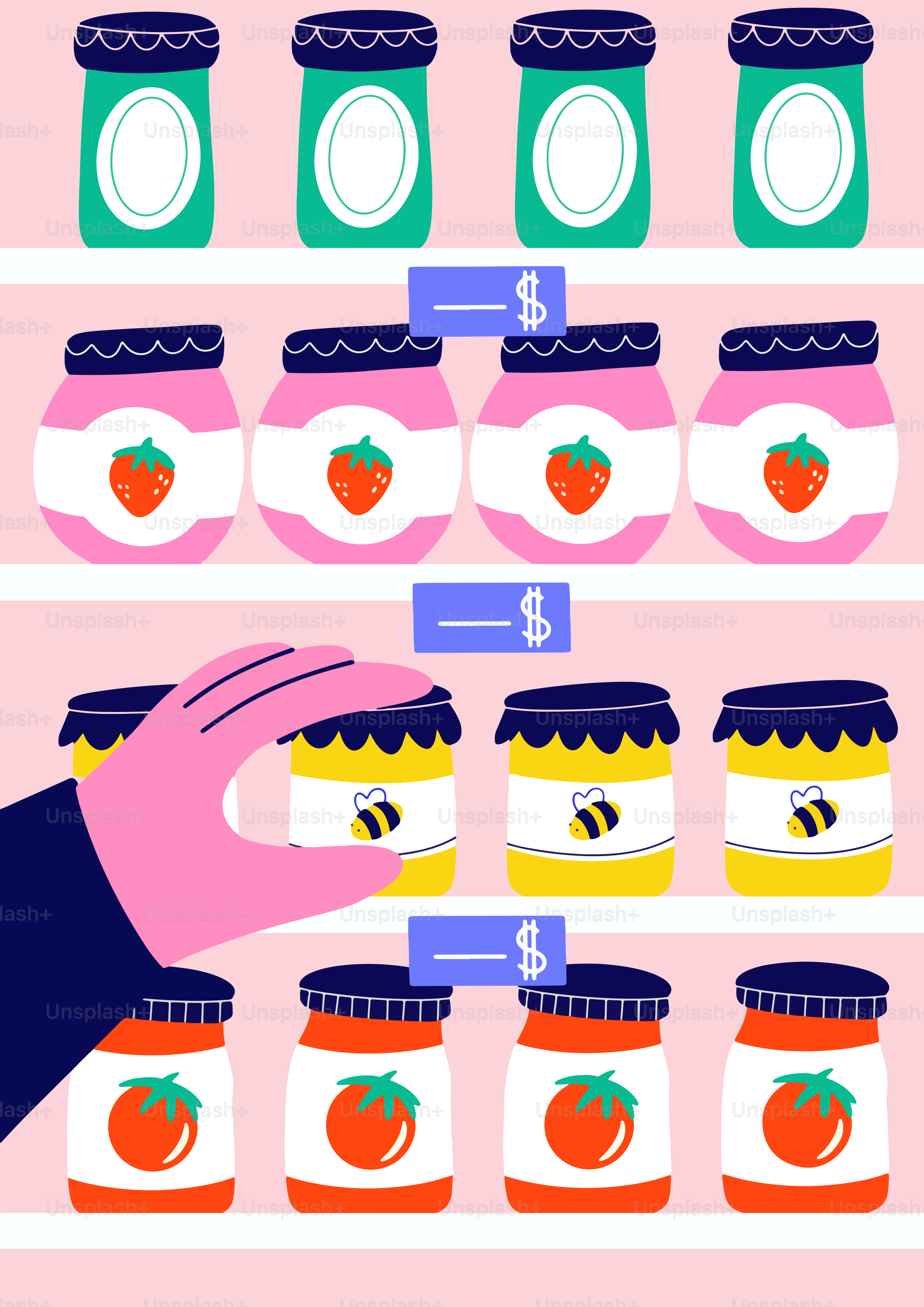 A hand selects a jar of honey from a shelf.