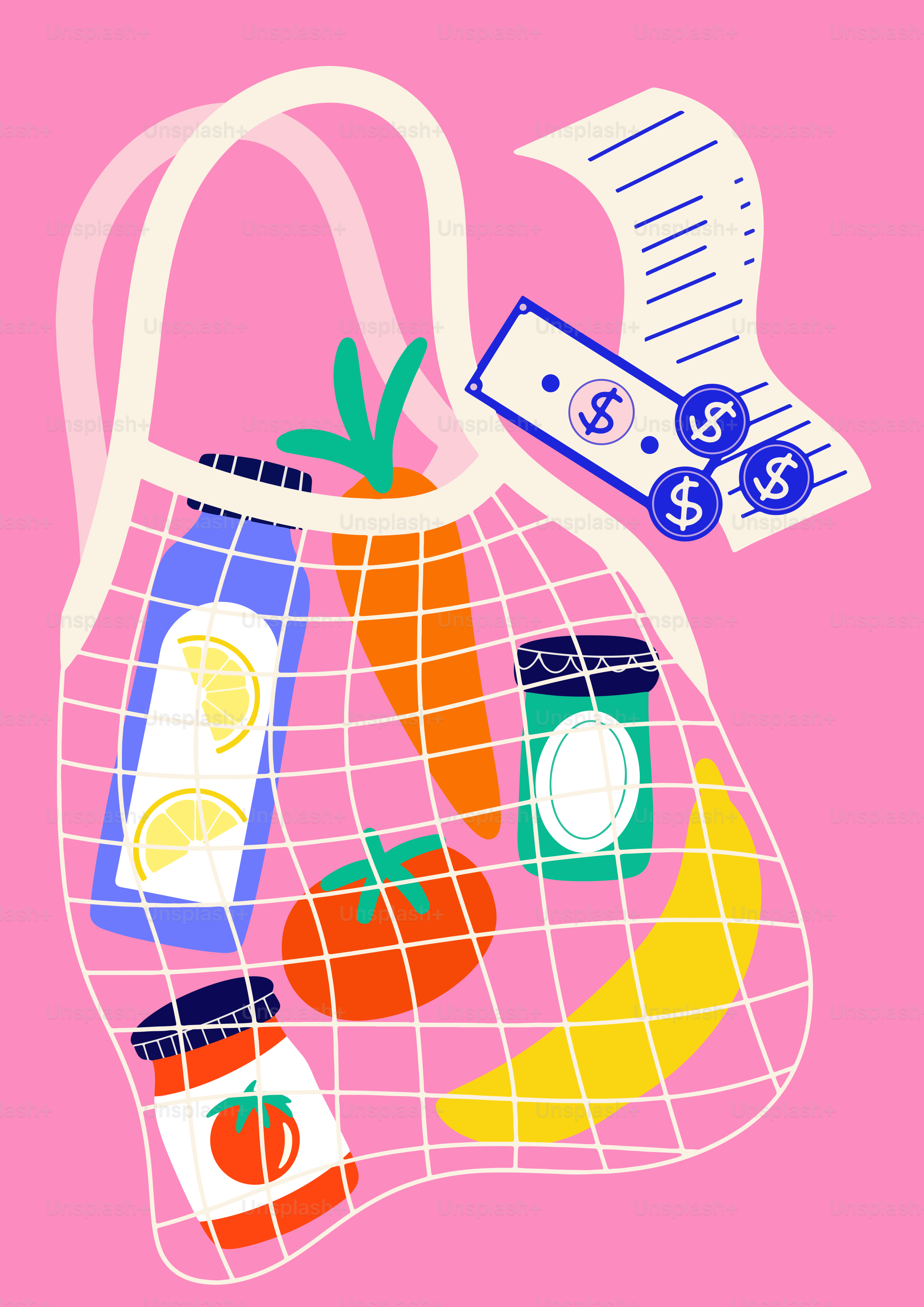 Grocery bag with food and money.