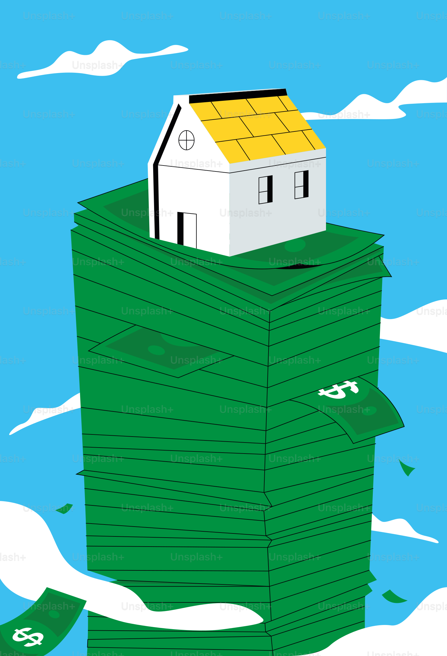 Casa appollaiata in cima a un'enorme pila di soldi.