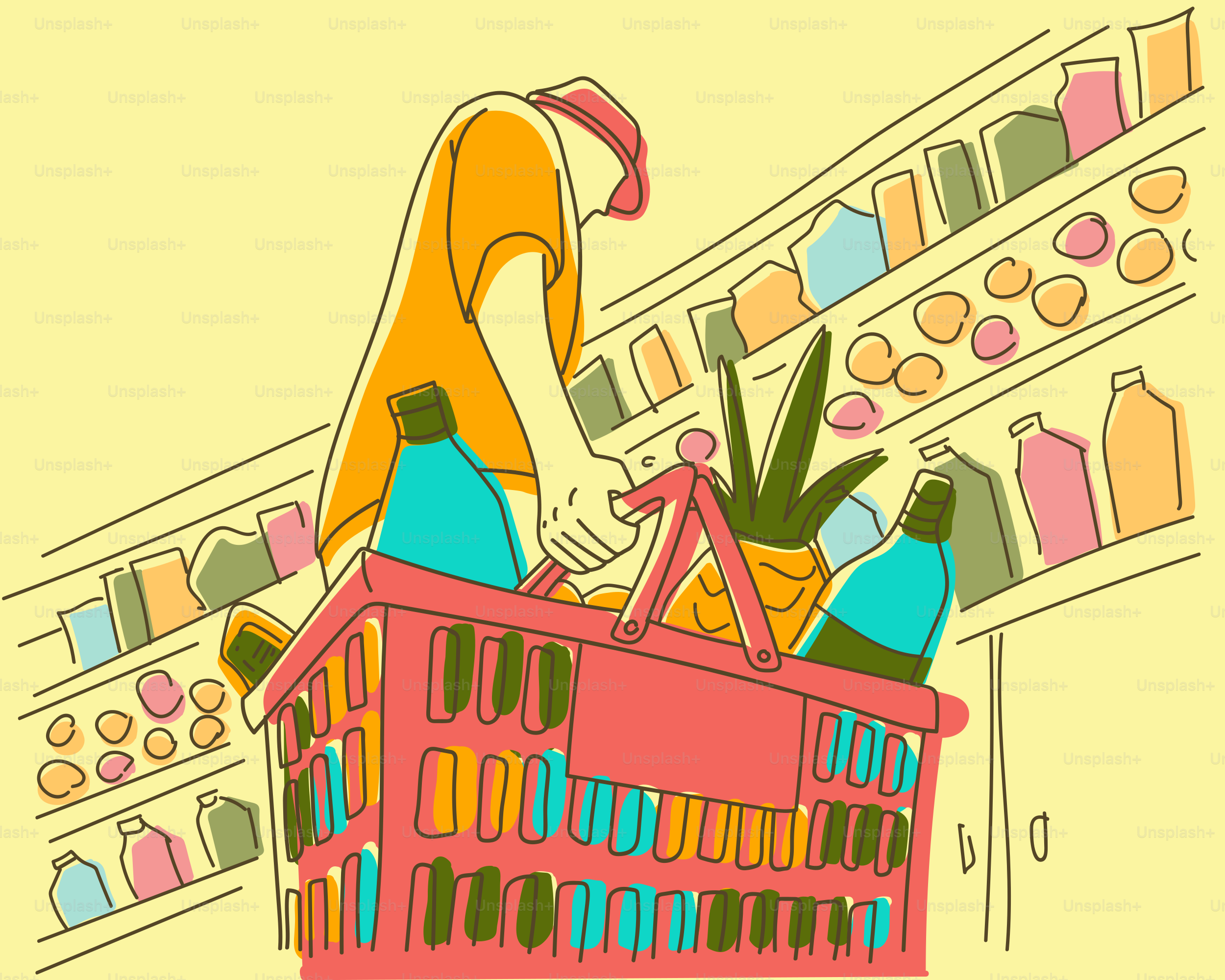 Une personne faisant ses courses au supermarché avec un panier.