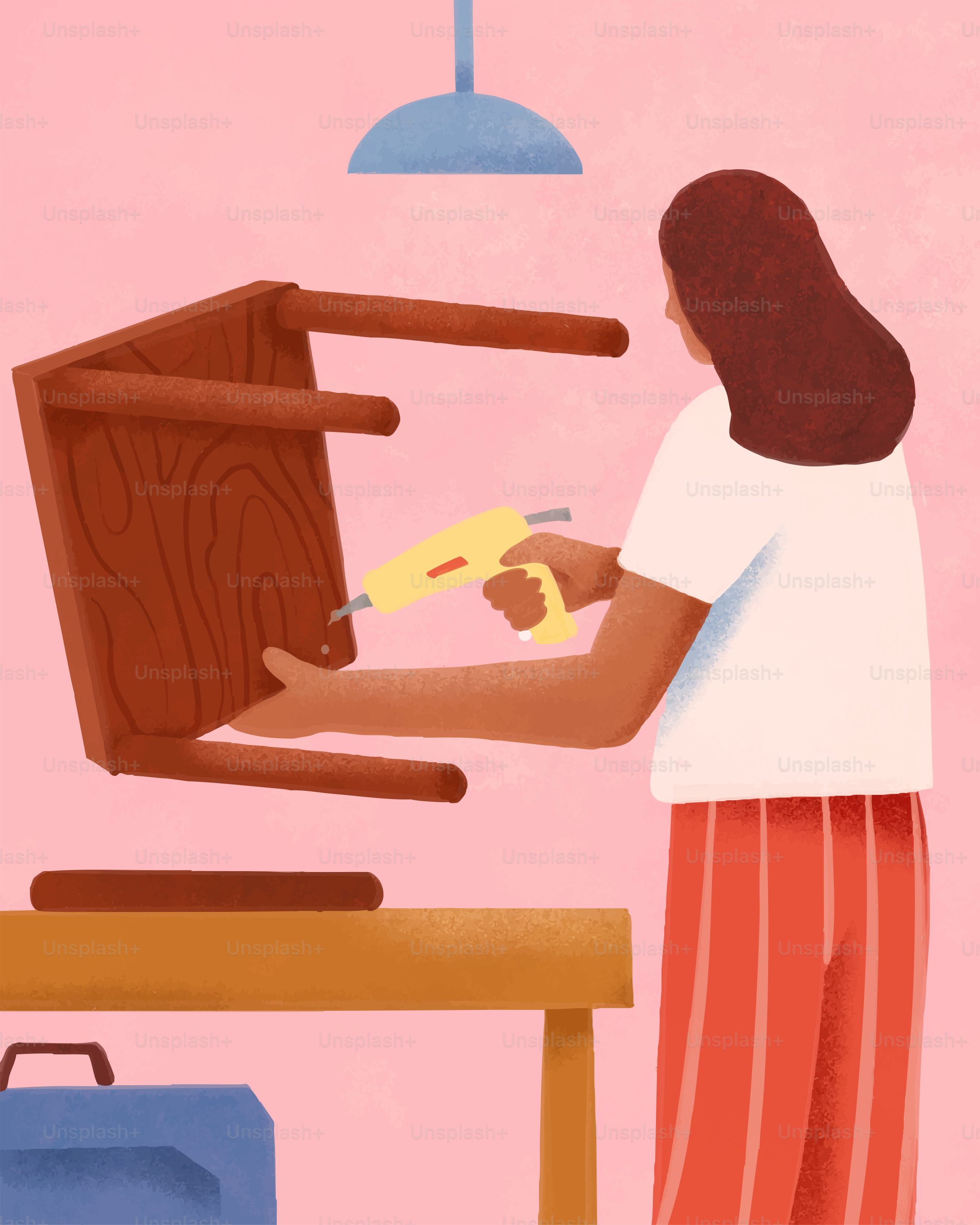 Woman glues the leg of an upside-down chair.