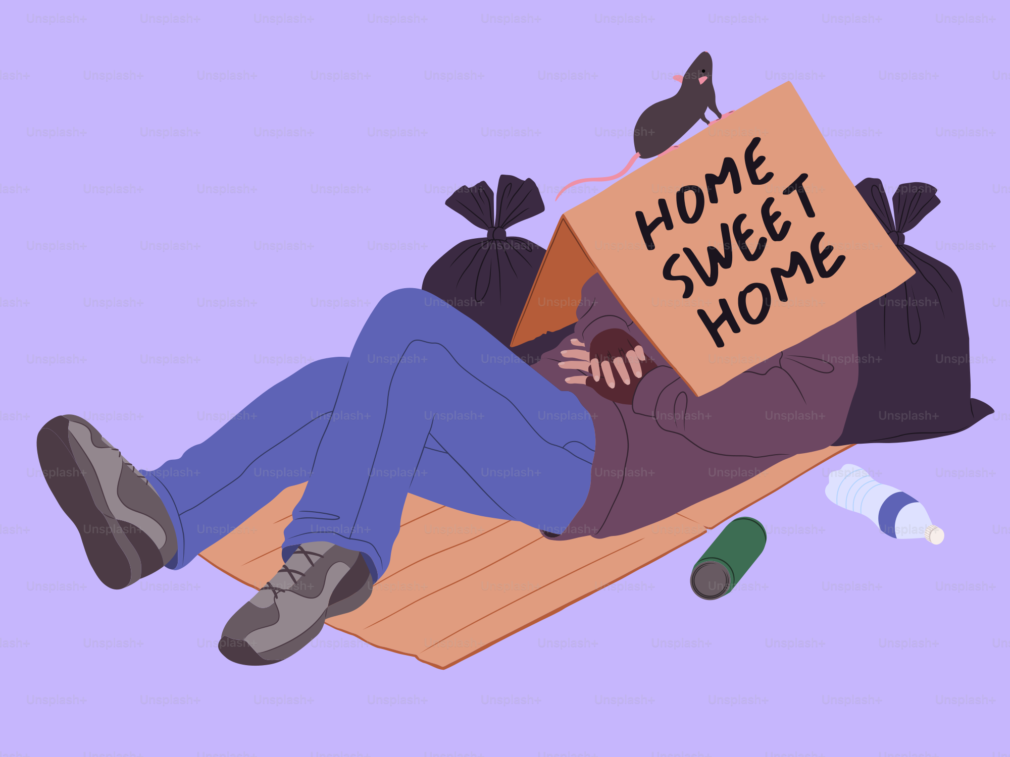Ein Obdachloser ruht sich mit einem "Home Sweet Home"-Schild aus.