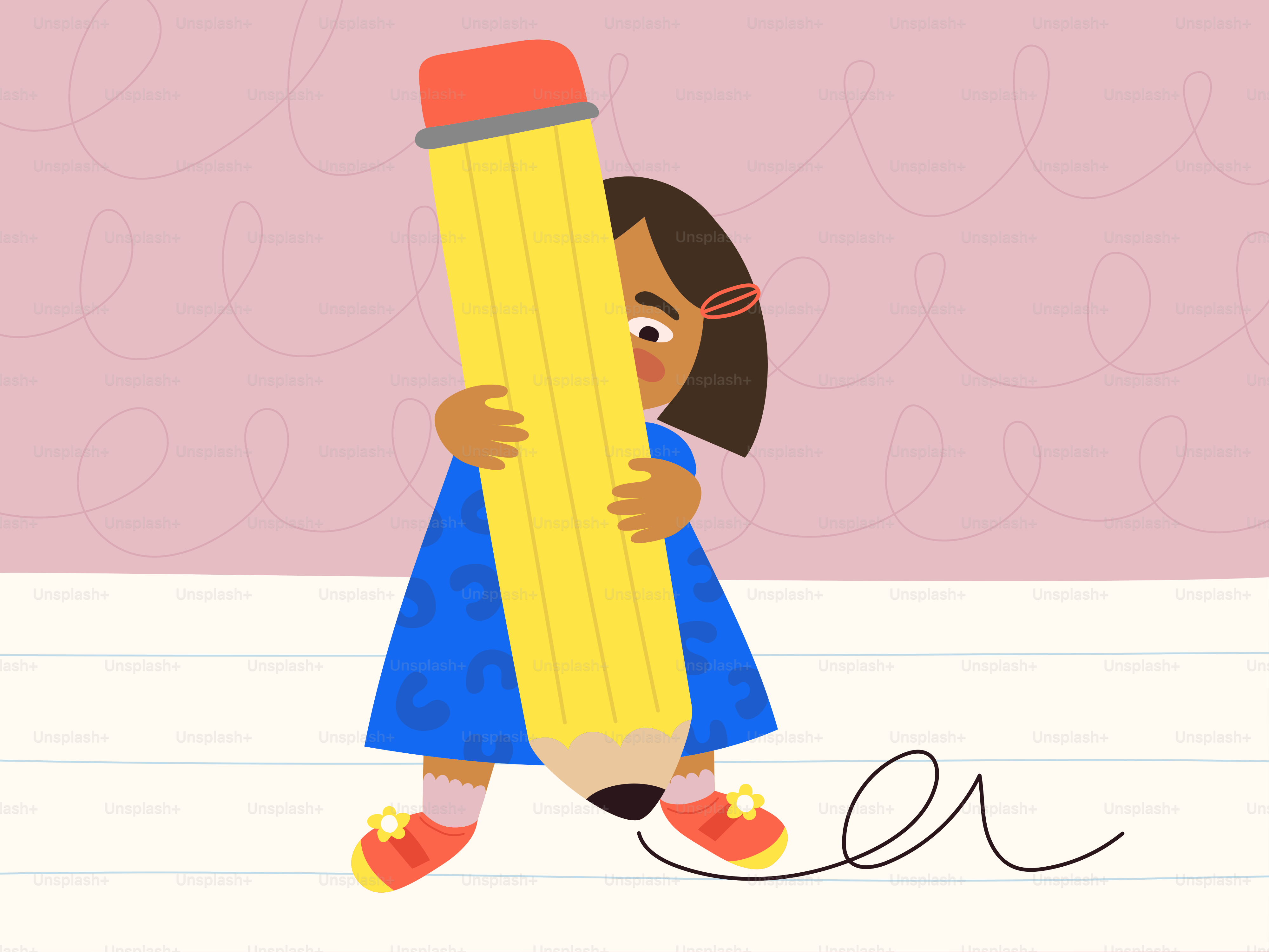 A girl holds a giant pencil.