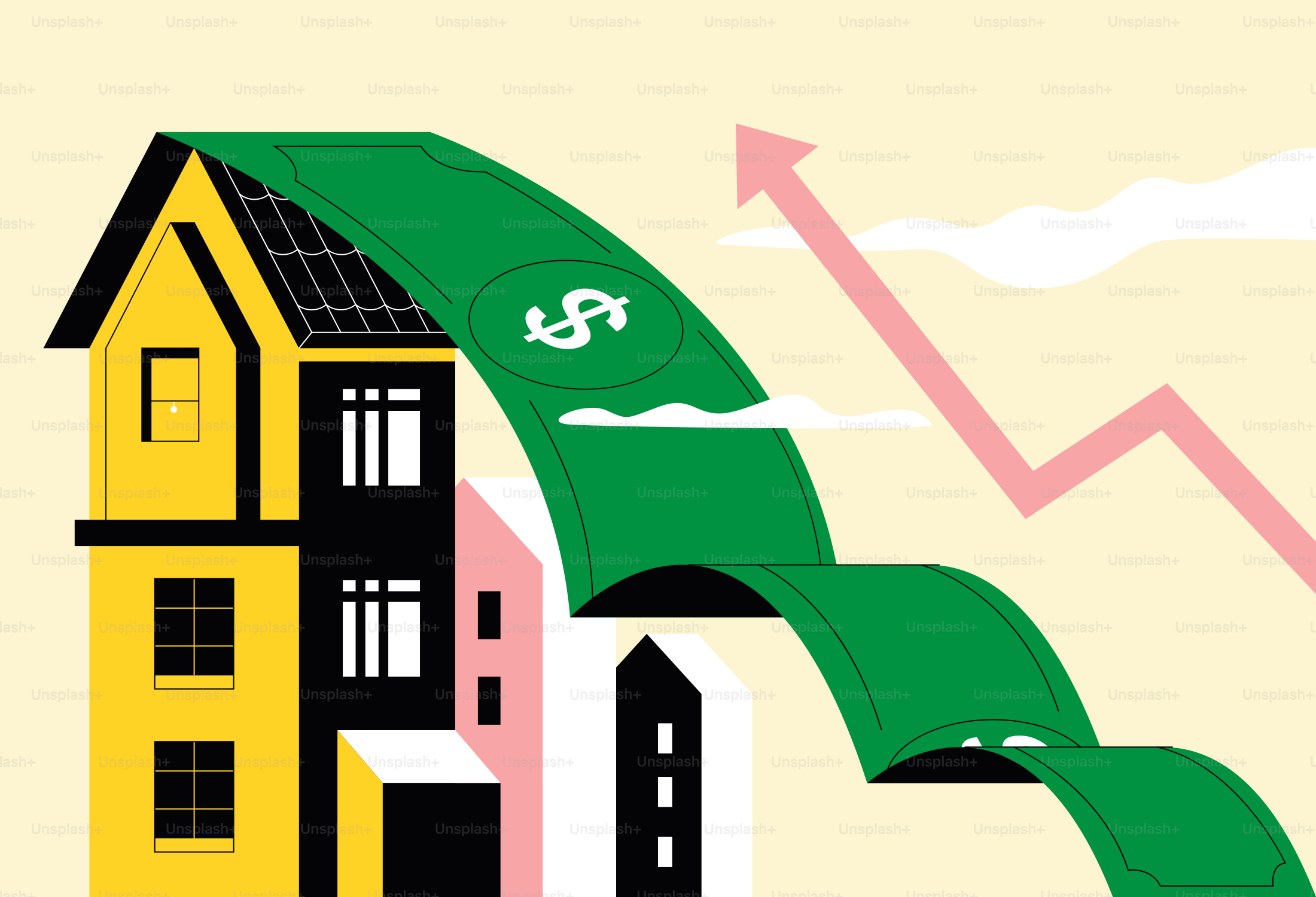 Housing prices are increasing and represented by a green dollar.
