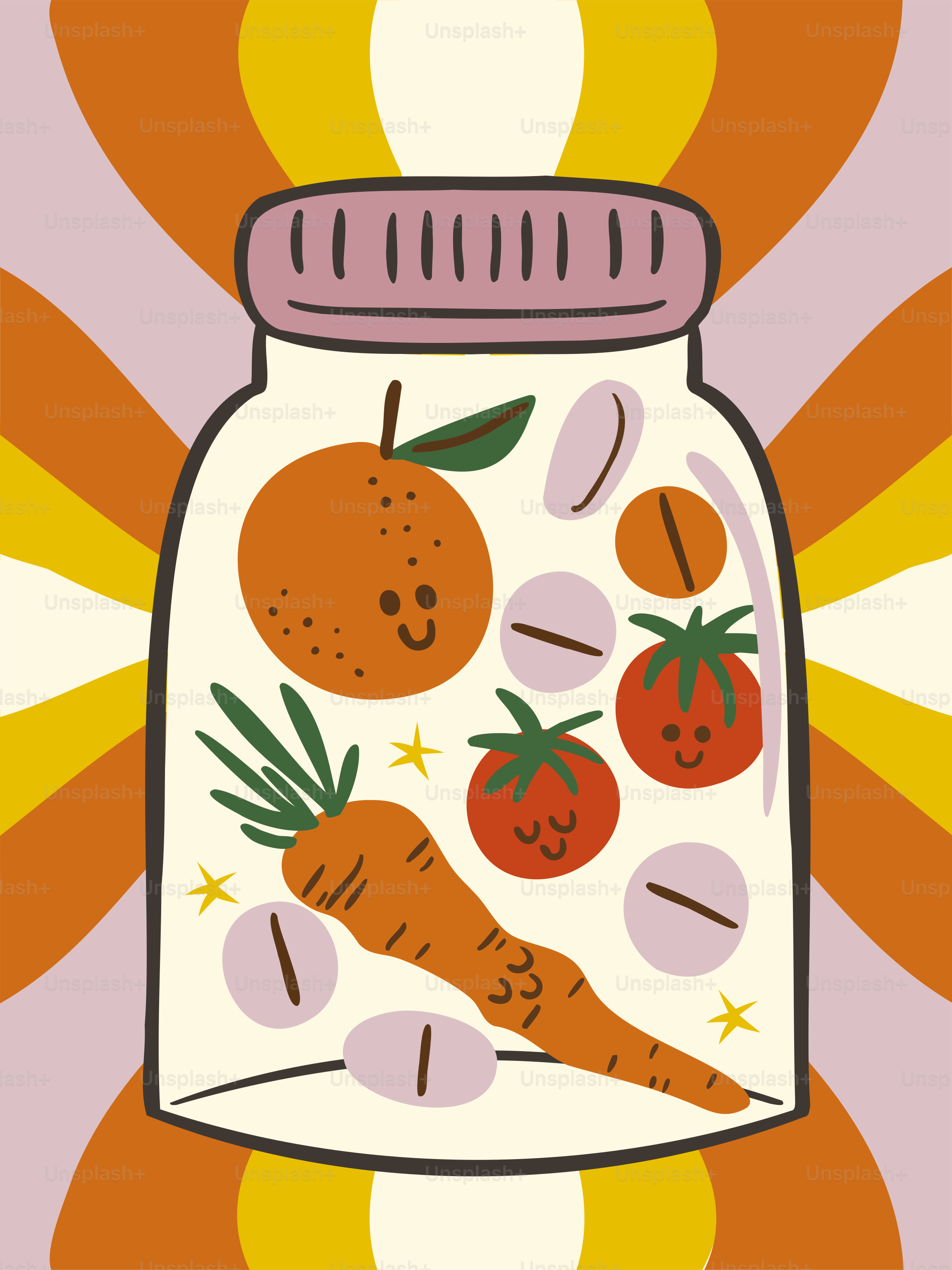 Las vitaminas y las frutas llenan un tarro decorativo.