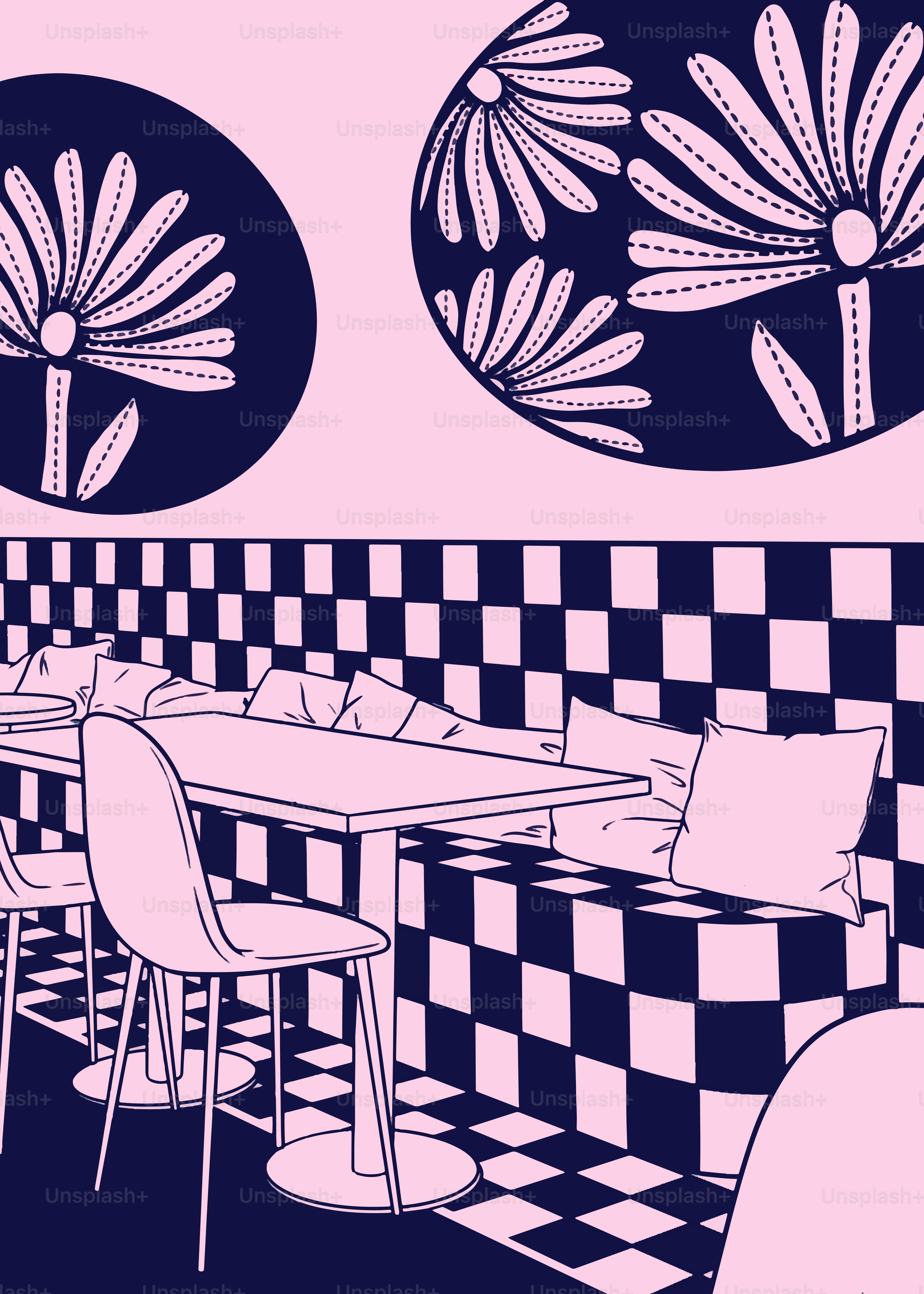 Café-Interieur mit Blumenmuster.