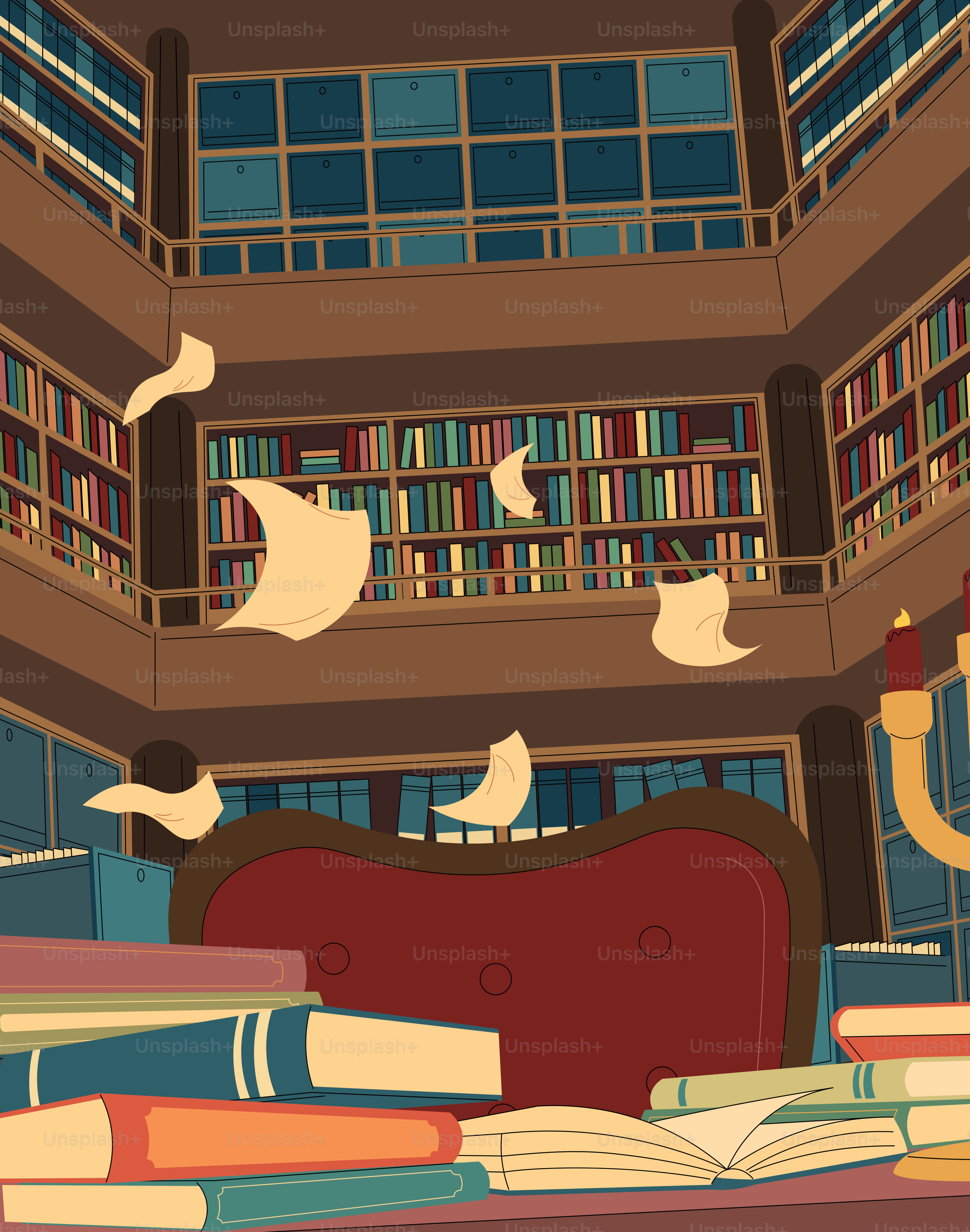 Papers and books fly in a majestic library.