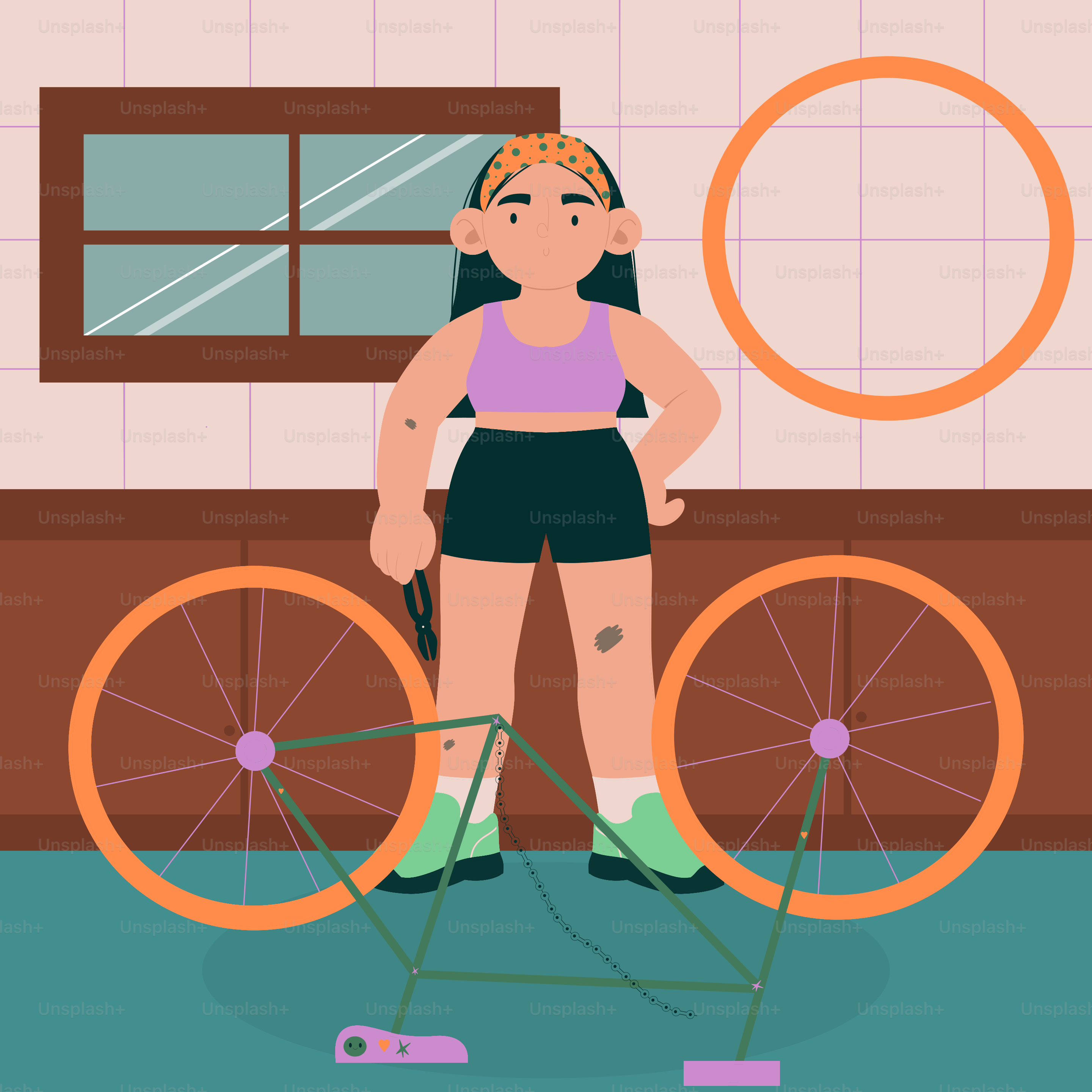 Una donna sta in piedi con una bicicletta.