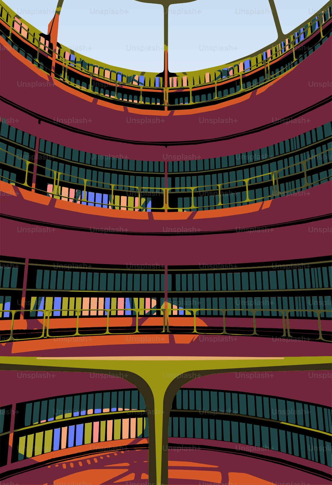 A curved library interior with shelves.