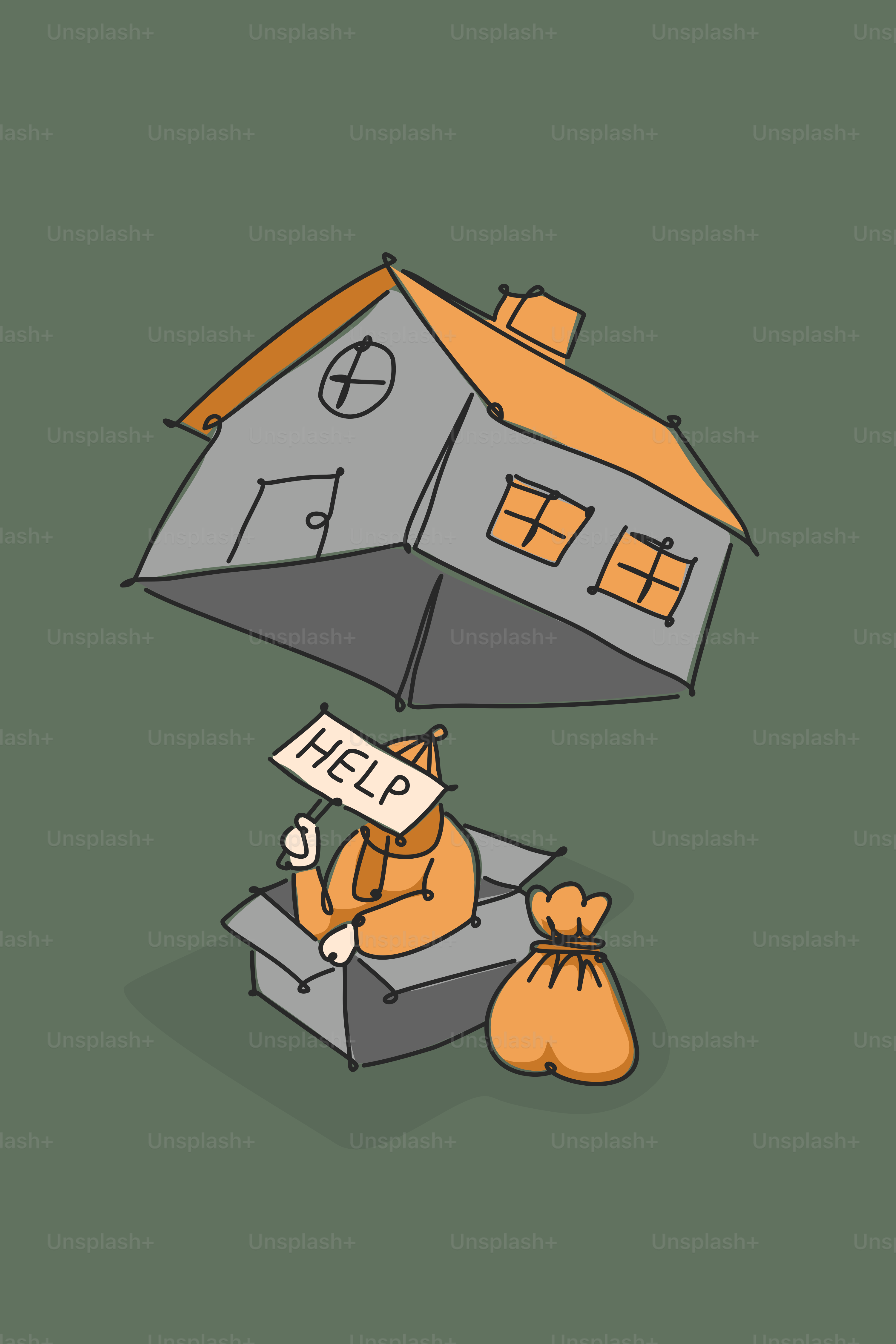 Homeless person wants help, with home in the background.