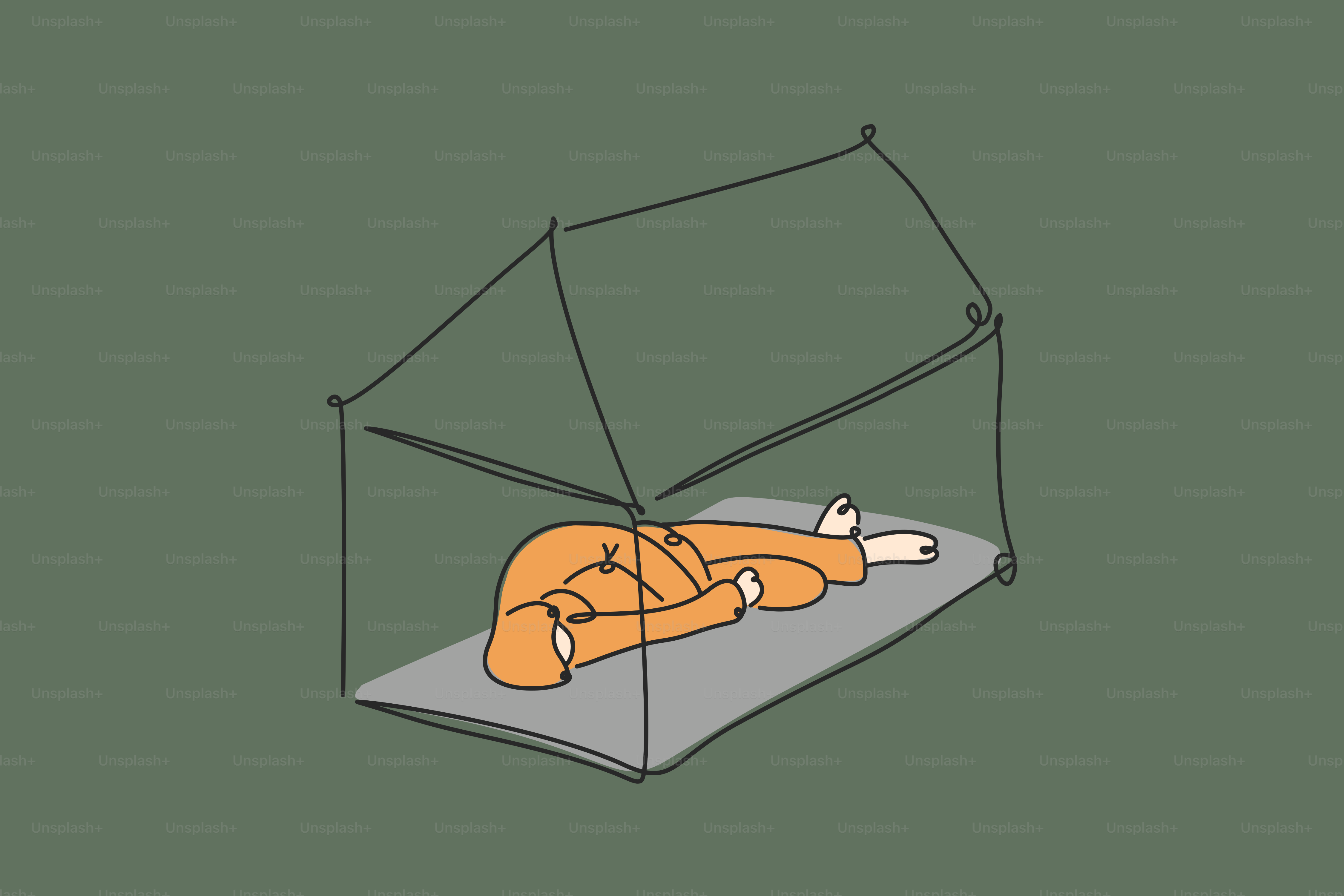 A person sleeps under a tent-like structure.