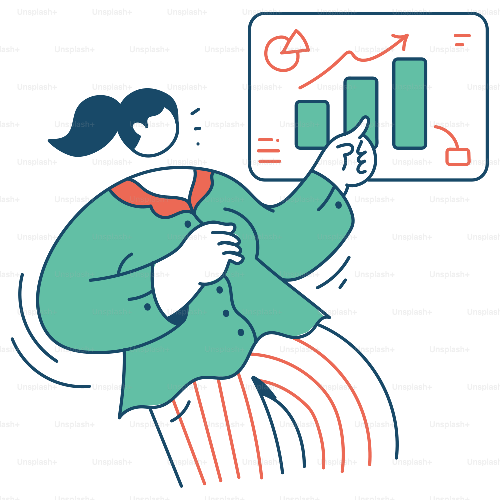 Uma mulher aponta para gráficos de desempenho empresarial em crescimento.