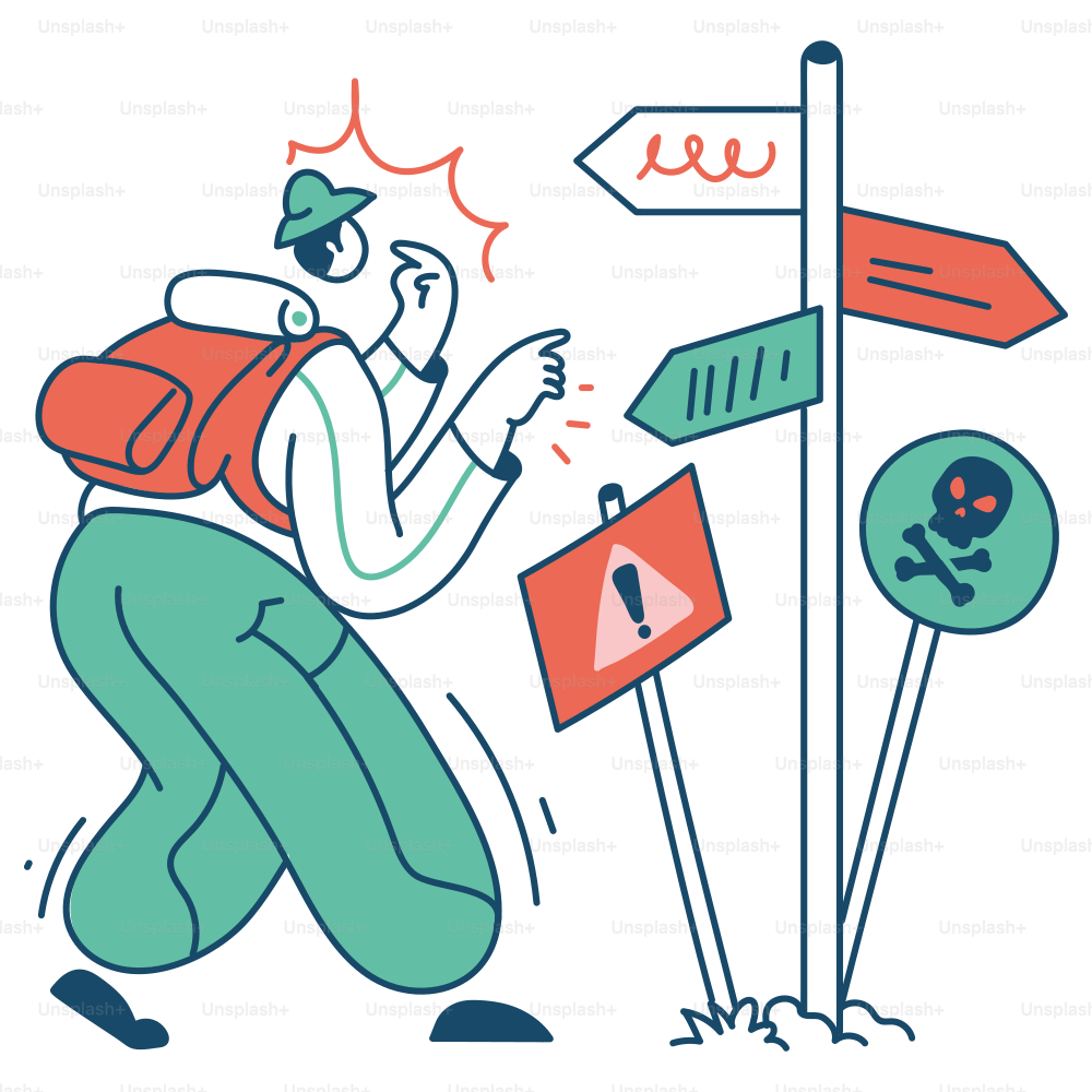 Confused hiker navigates a confusing trail with warnings.