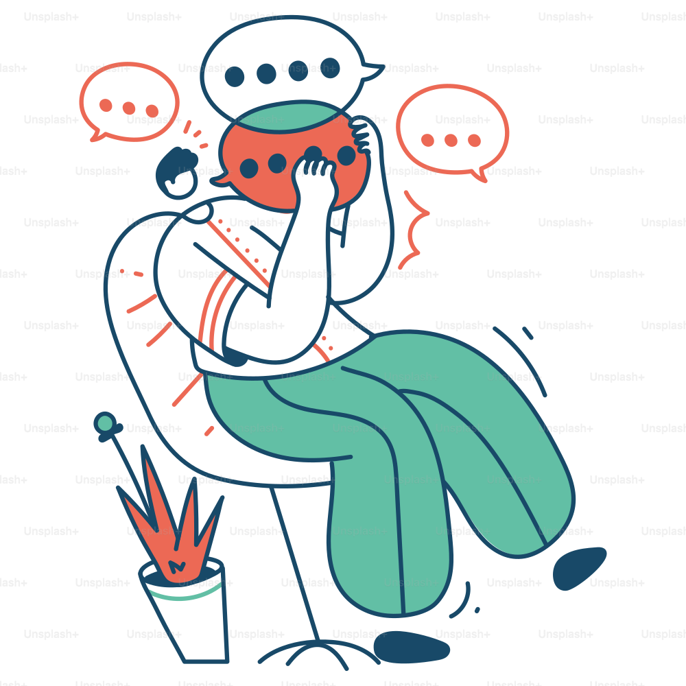 Overwhelmed person hiding behind a speech bubble