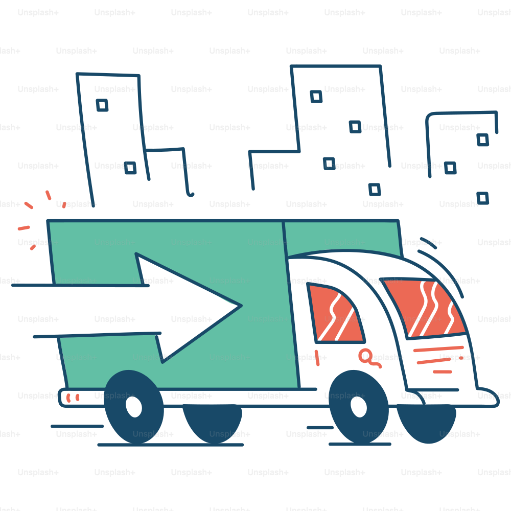 Delivery truck is driving through a cityscape.