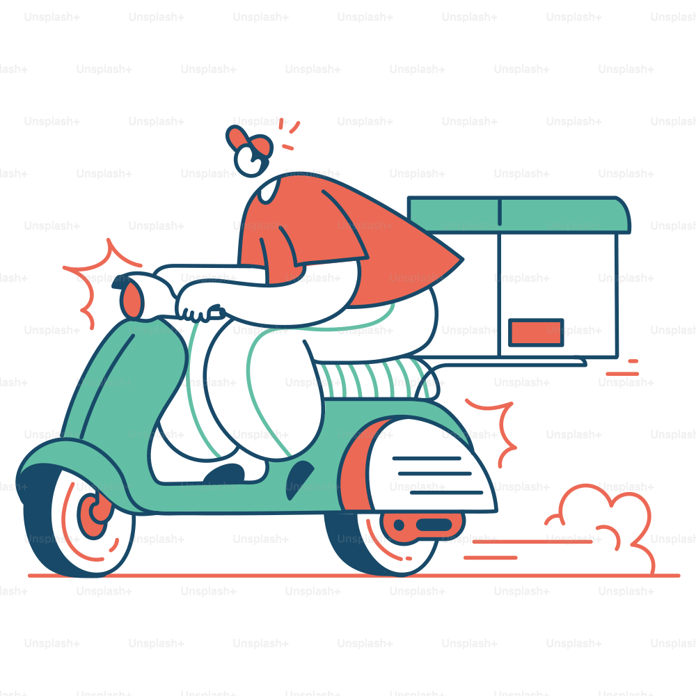 Delivery person riding a scooter with a package.