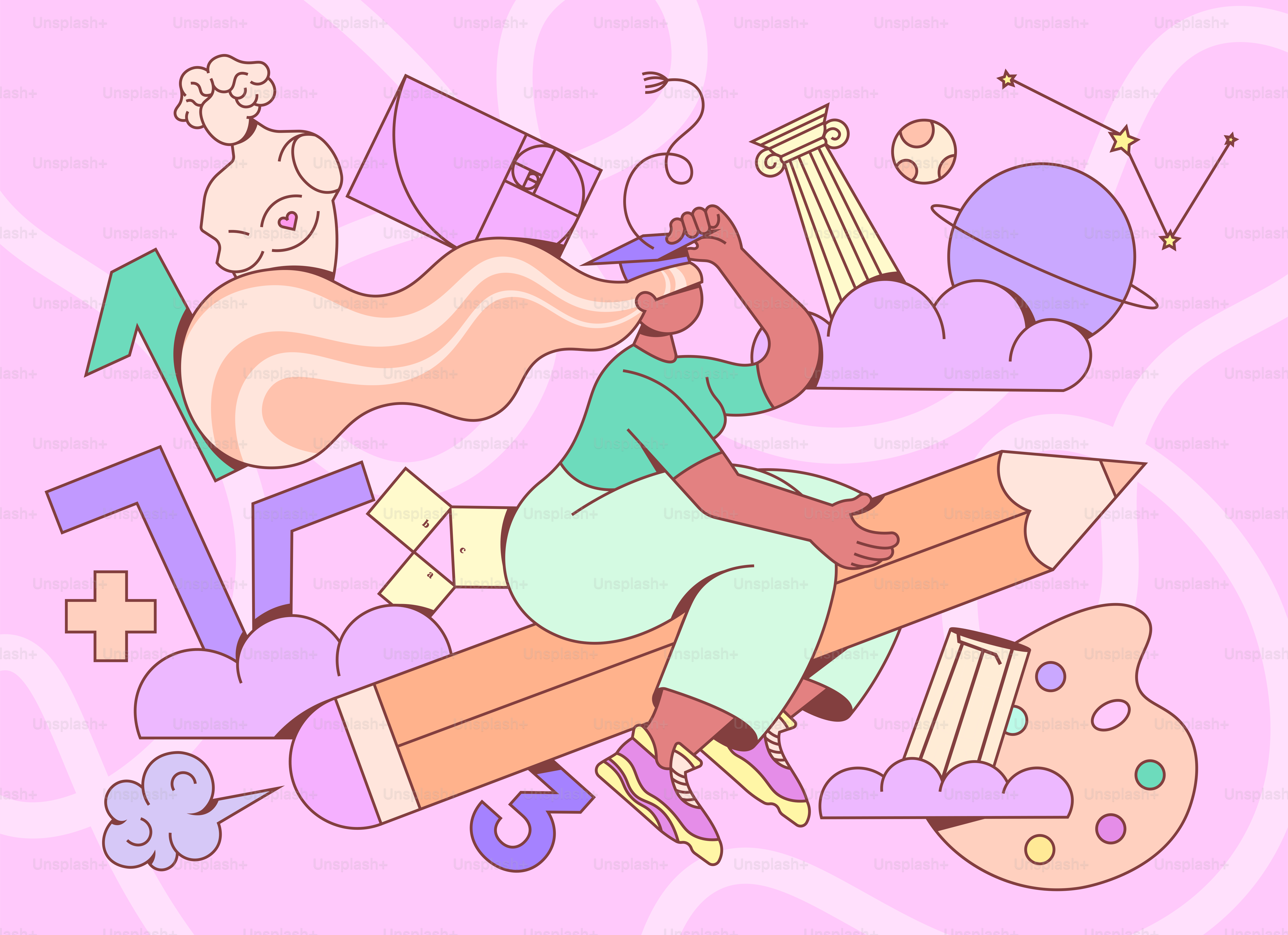 Student rides pencil through subjects and knowledge.