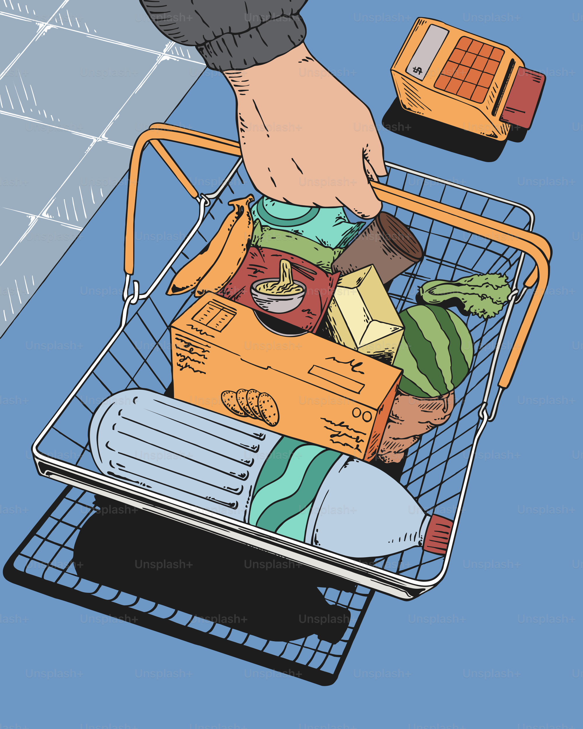 A hand carries a basket full of groceries.