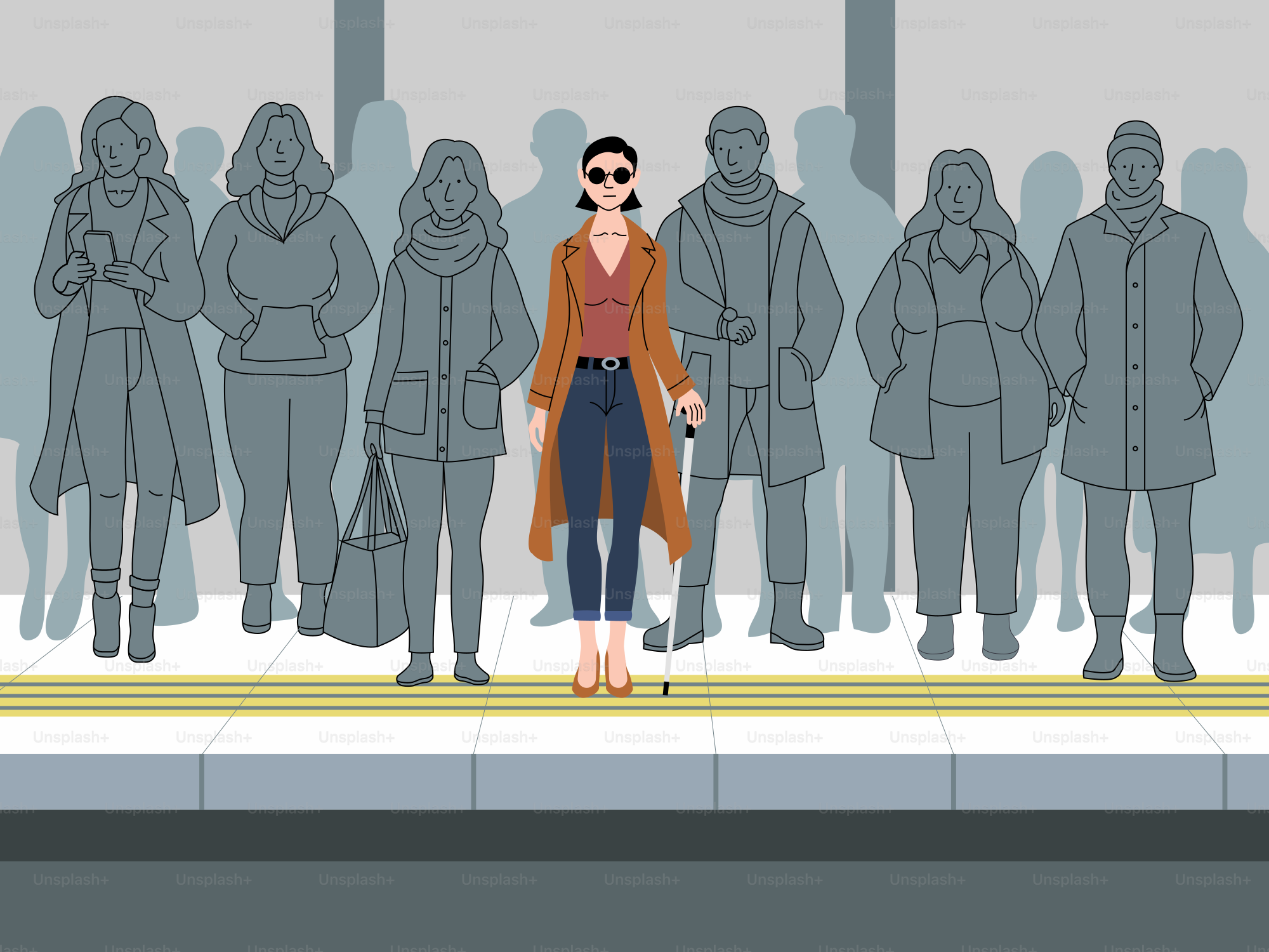 A blind woman waits at a train station.