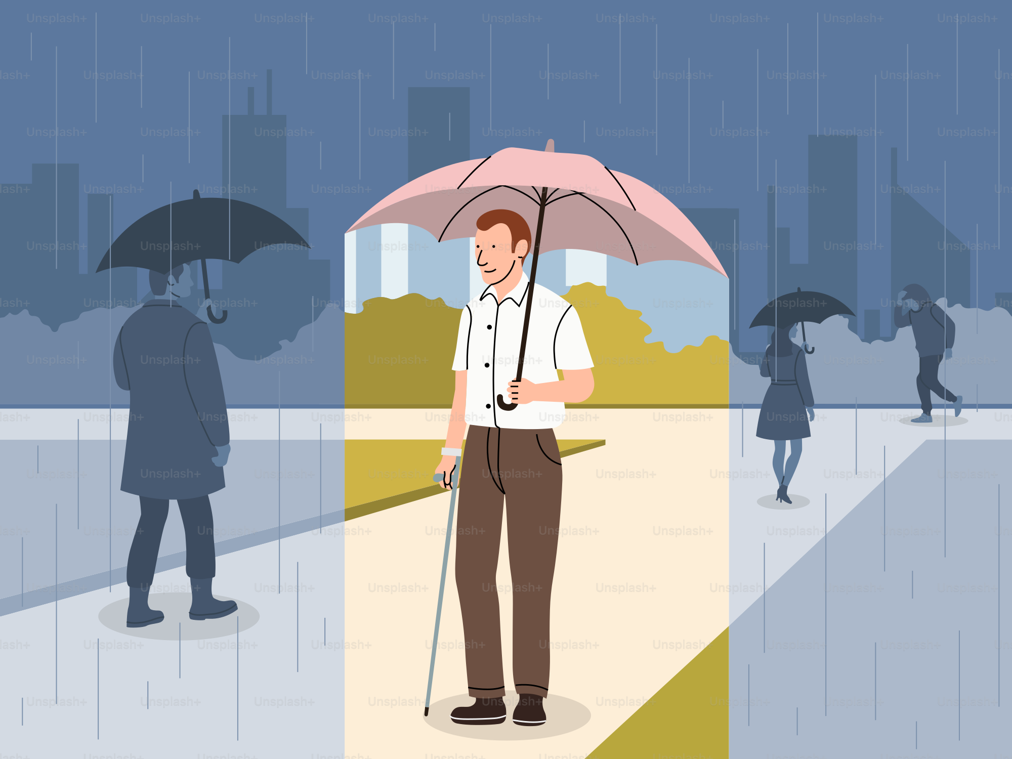 A blind man strolls in the rain with umbrella.