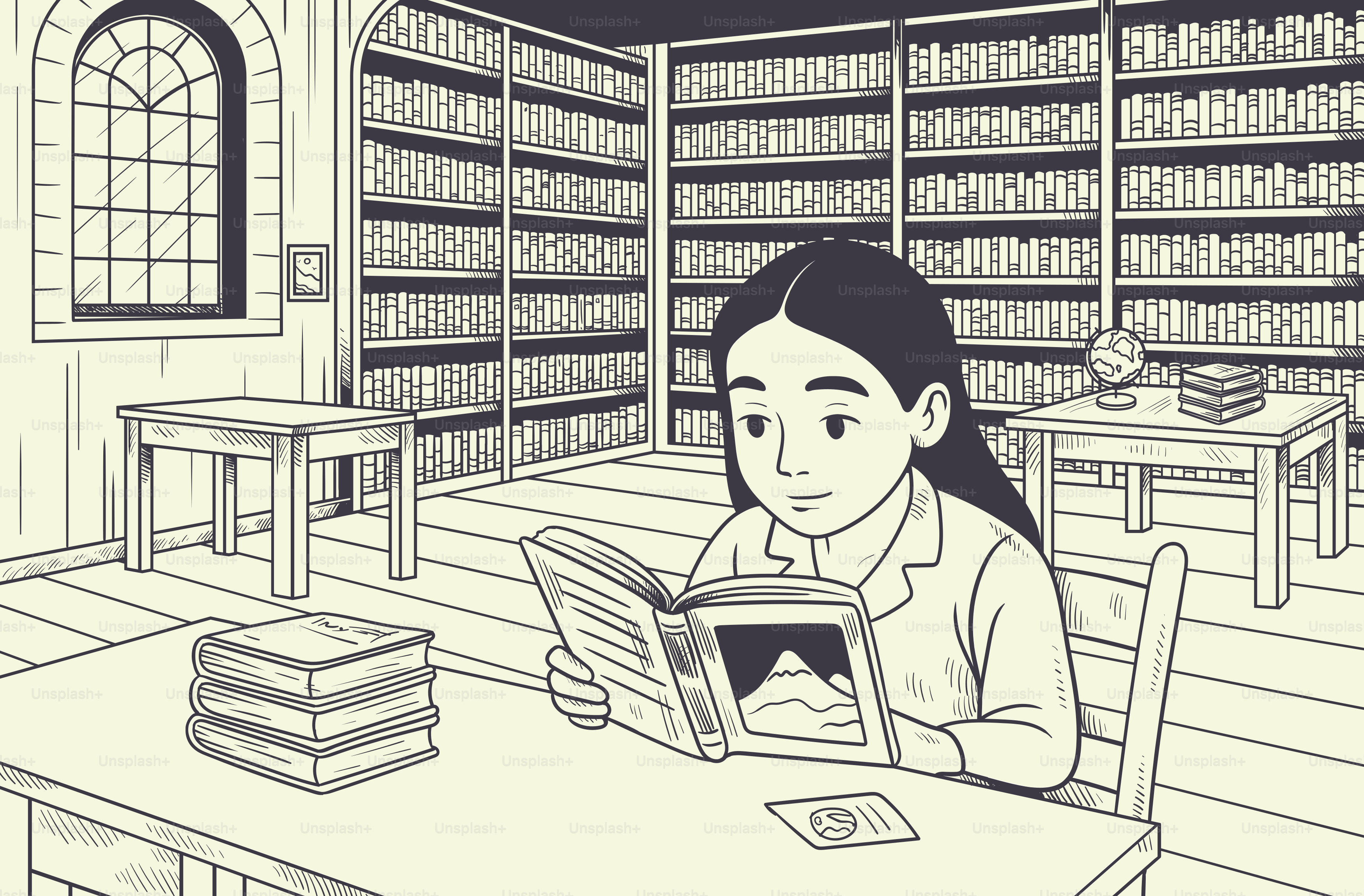한 여성이 조용한 도서관에서 책을 읽고 있다. 벡터 – Unsplash의 책 이미지, image size:3000x1971