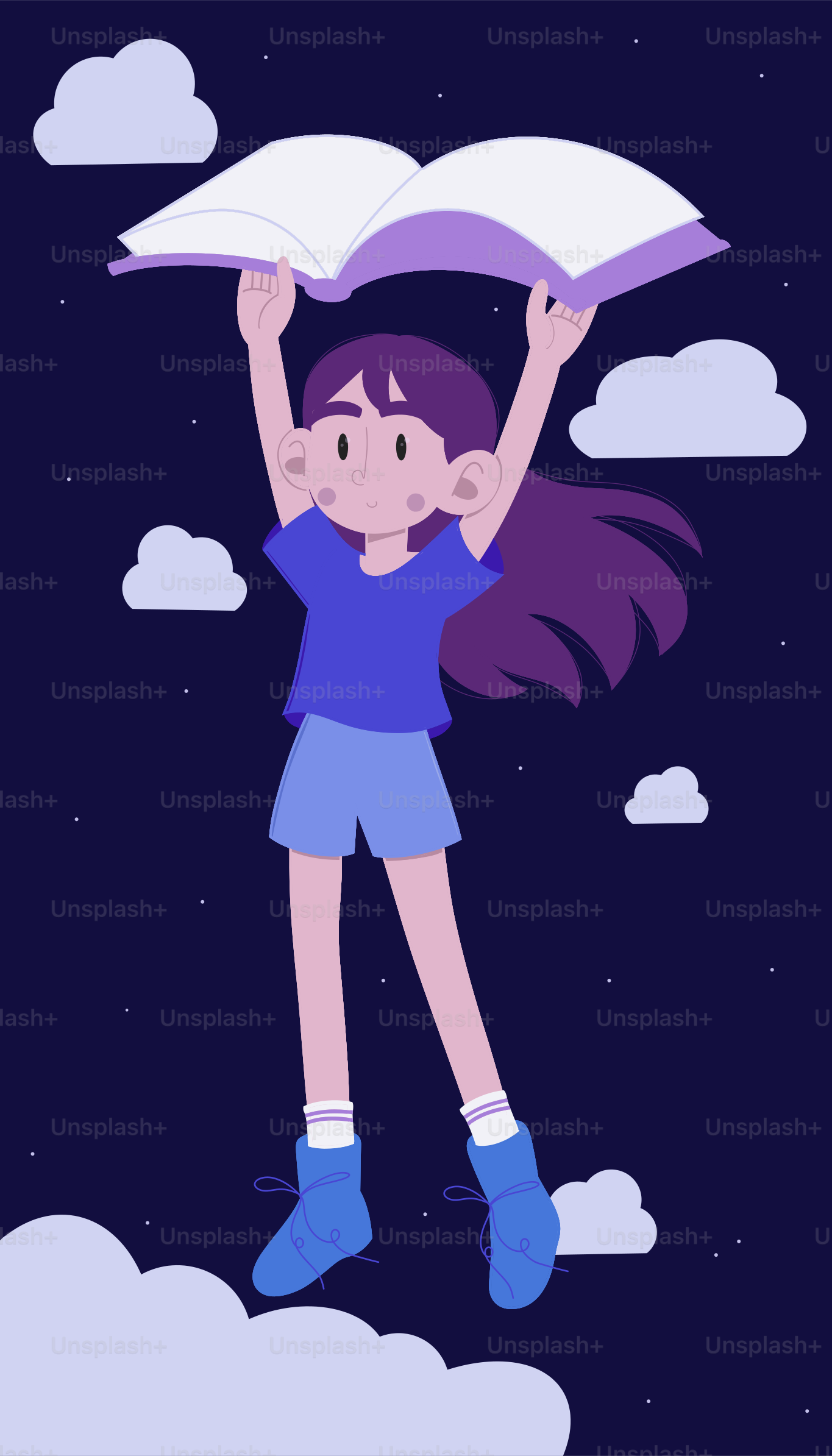 Girl floating with a book among clouds and stars.