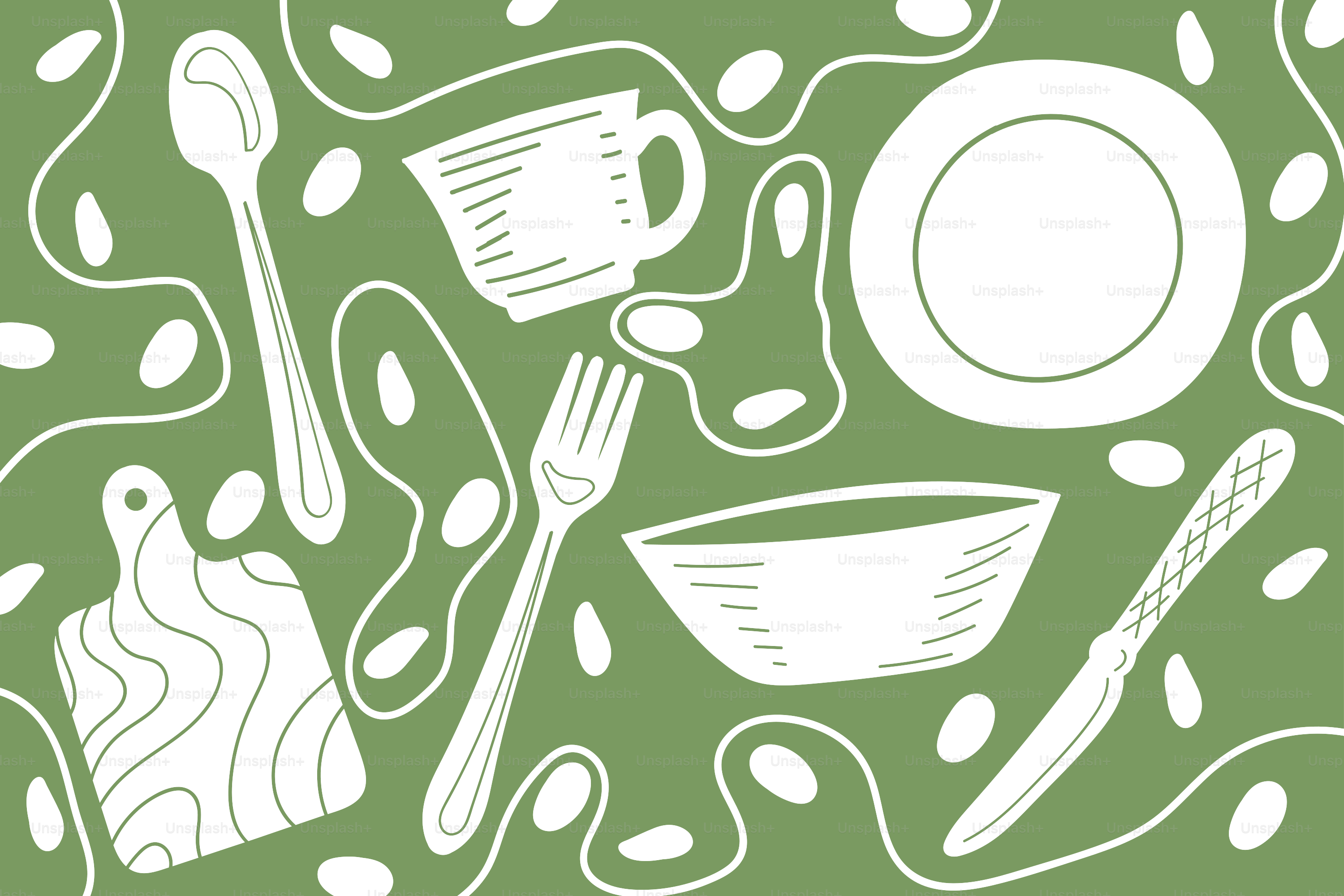 Diversos utensilios de cocina están dispuestos sobre un fondo verde.