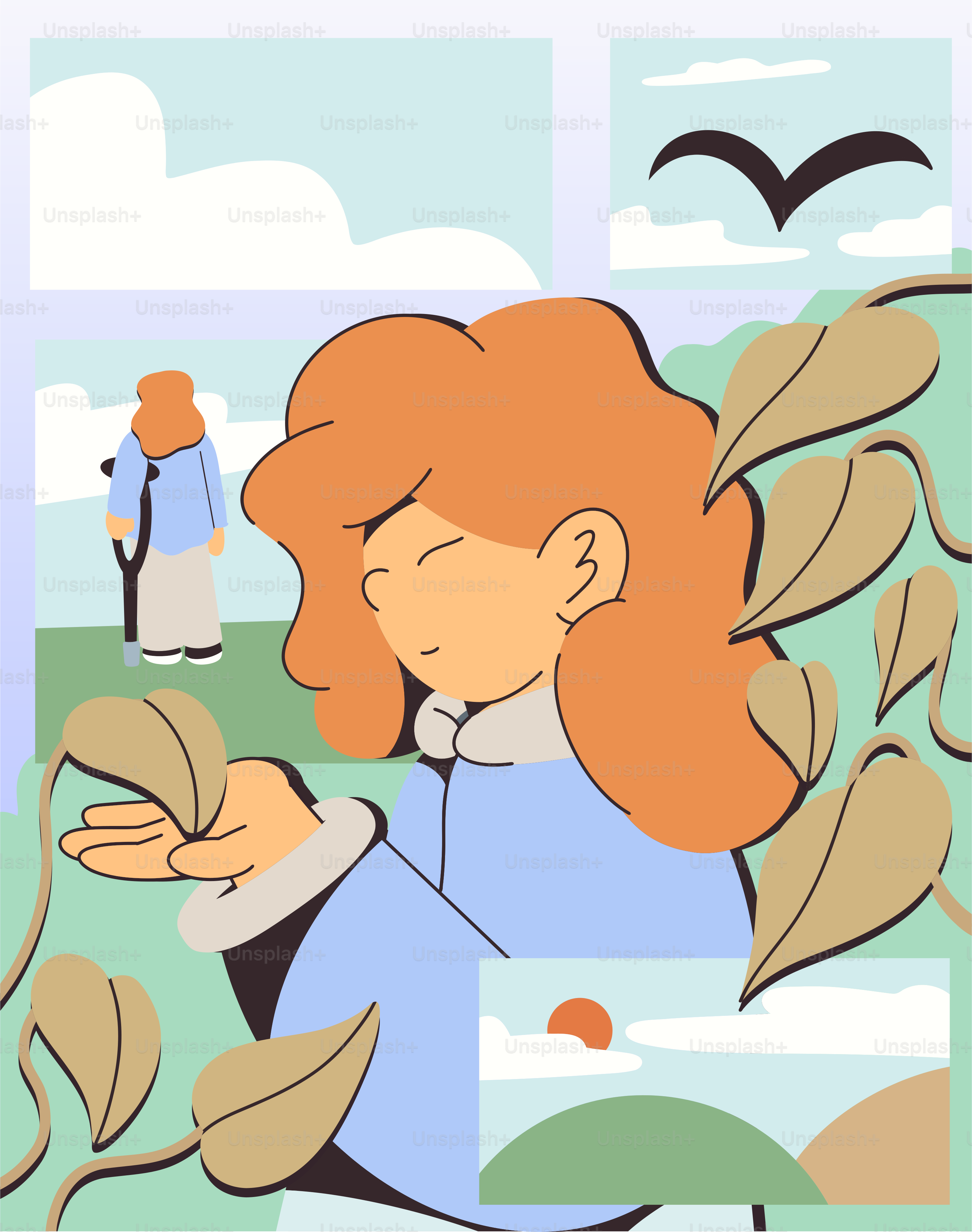 Die Frau genießt die Natur in einer friedlichen, illustrierten Szene.