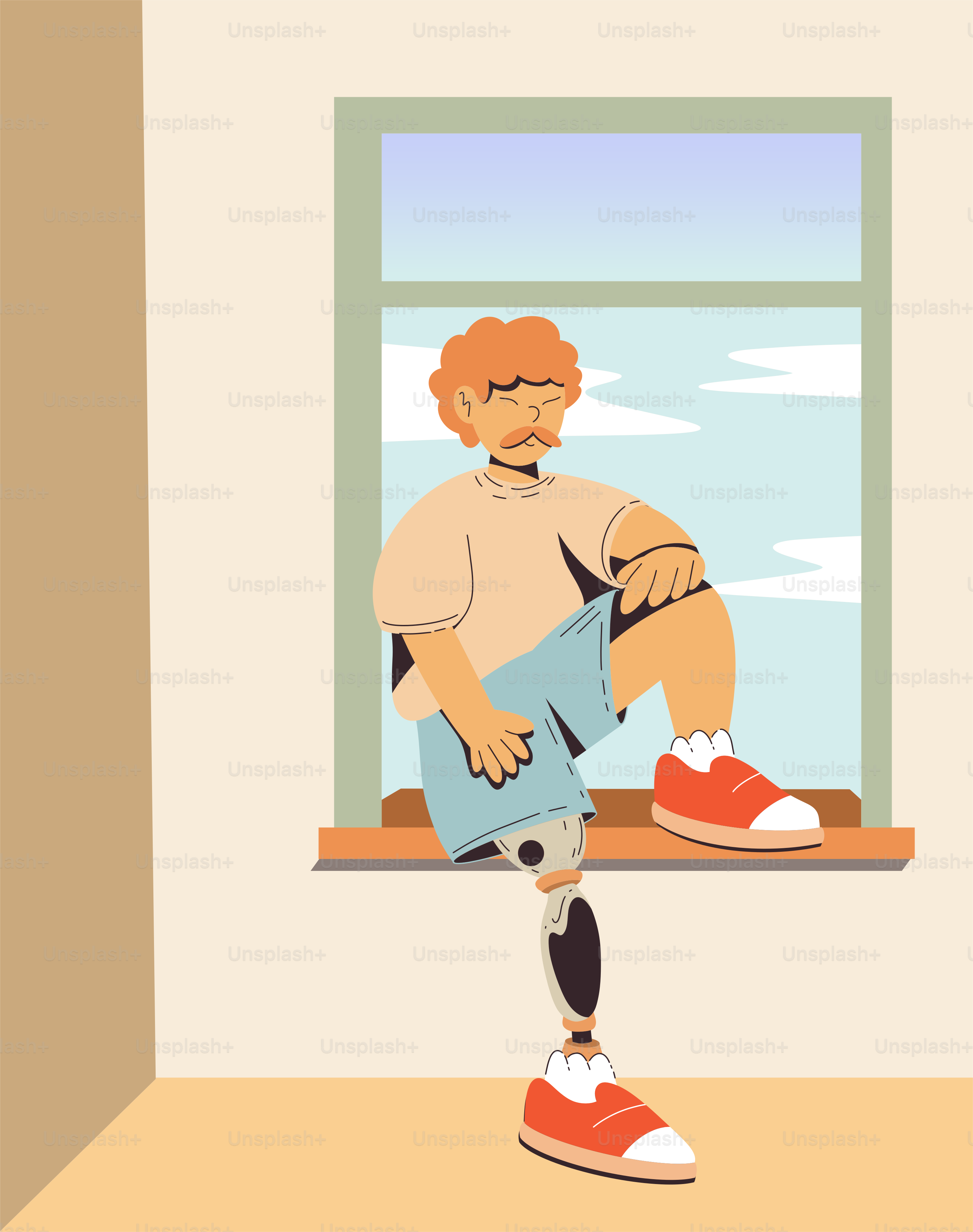 A man with a prosthetic leg sits by a window.