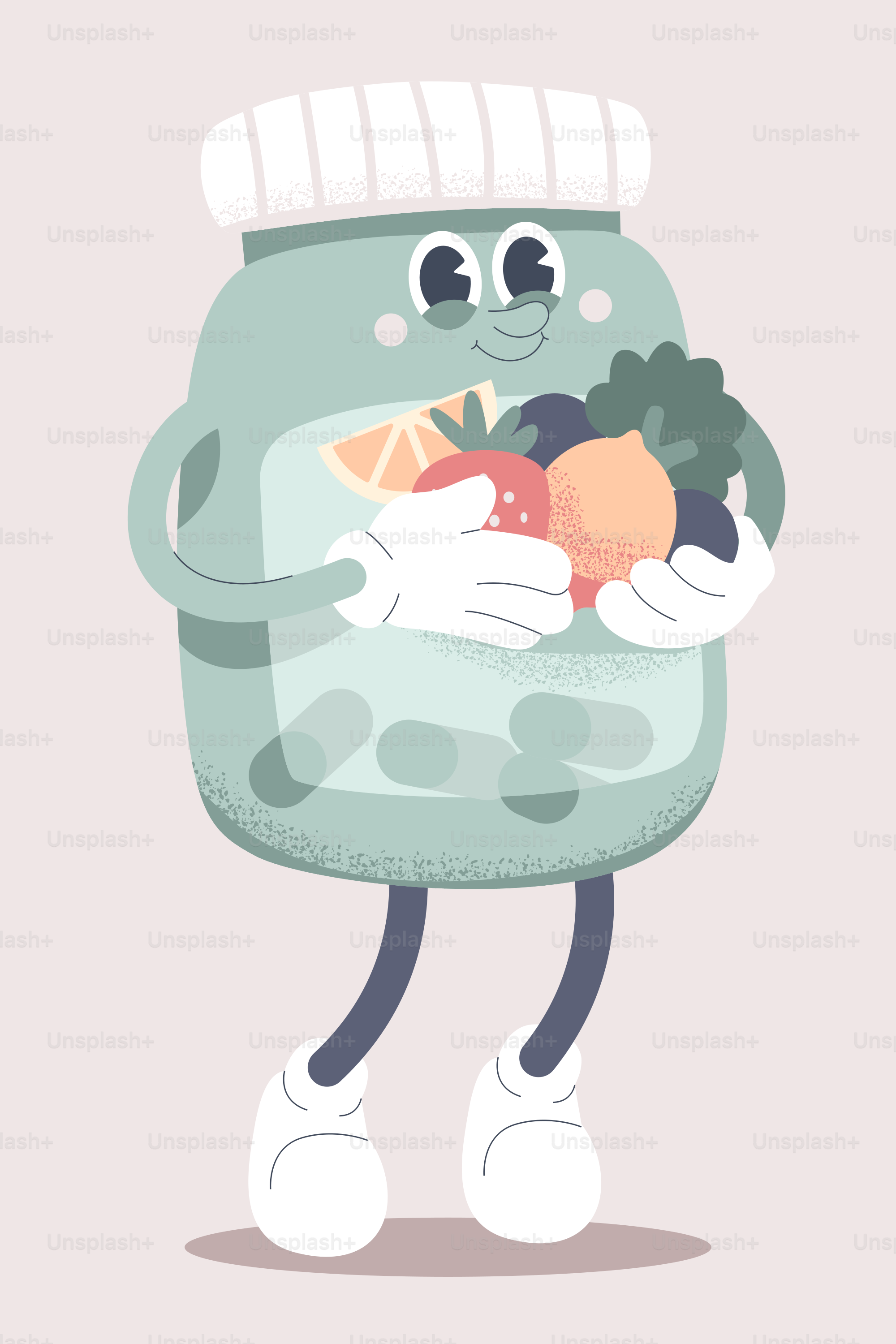 A bottle character holding fresh fruit.