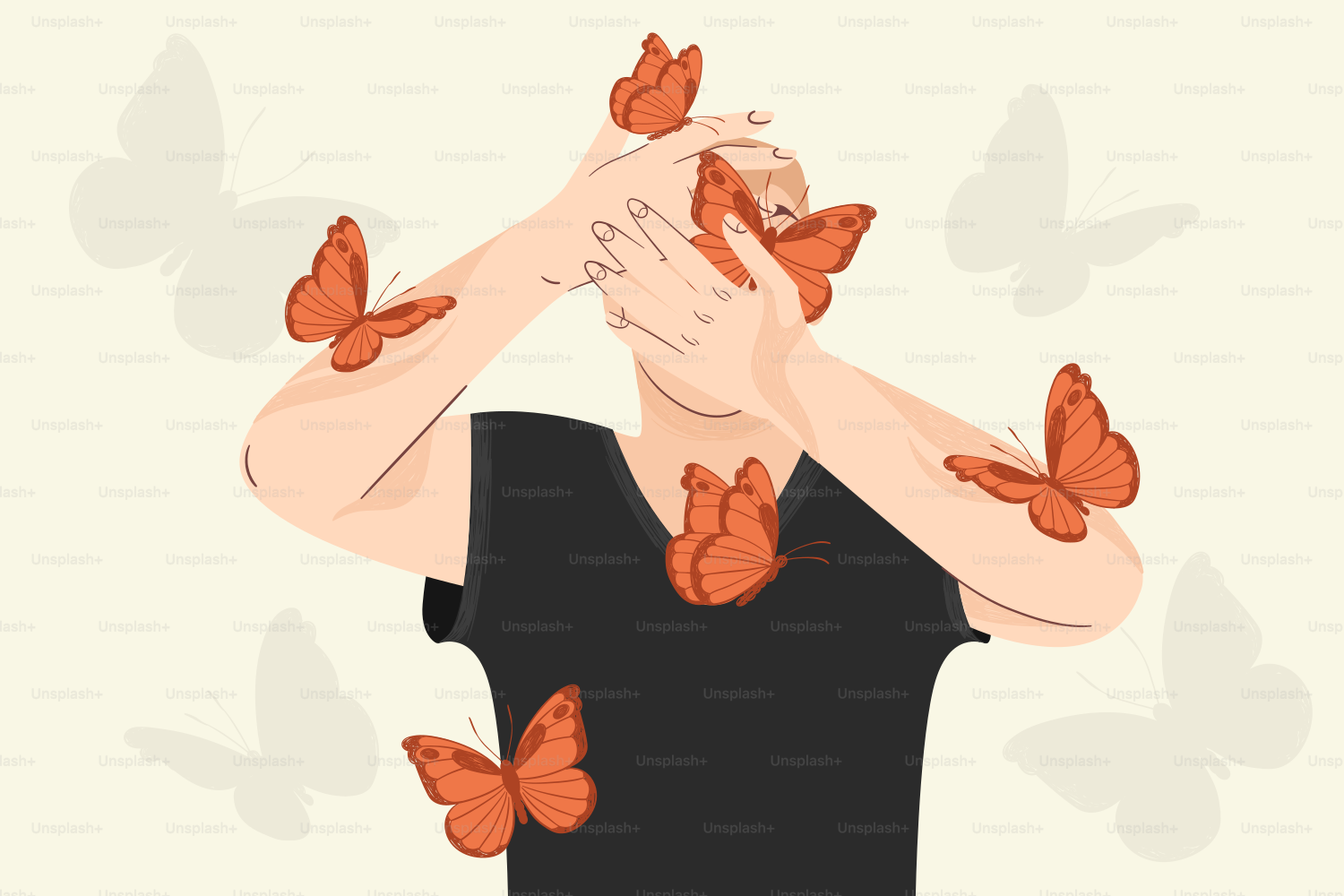 Butterflies surround a person, obscuring their face.