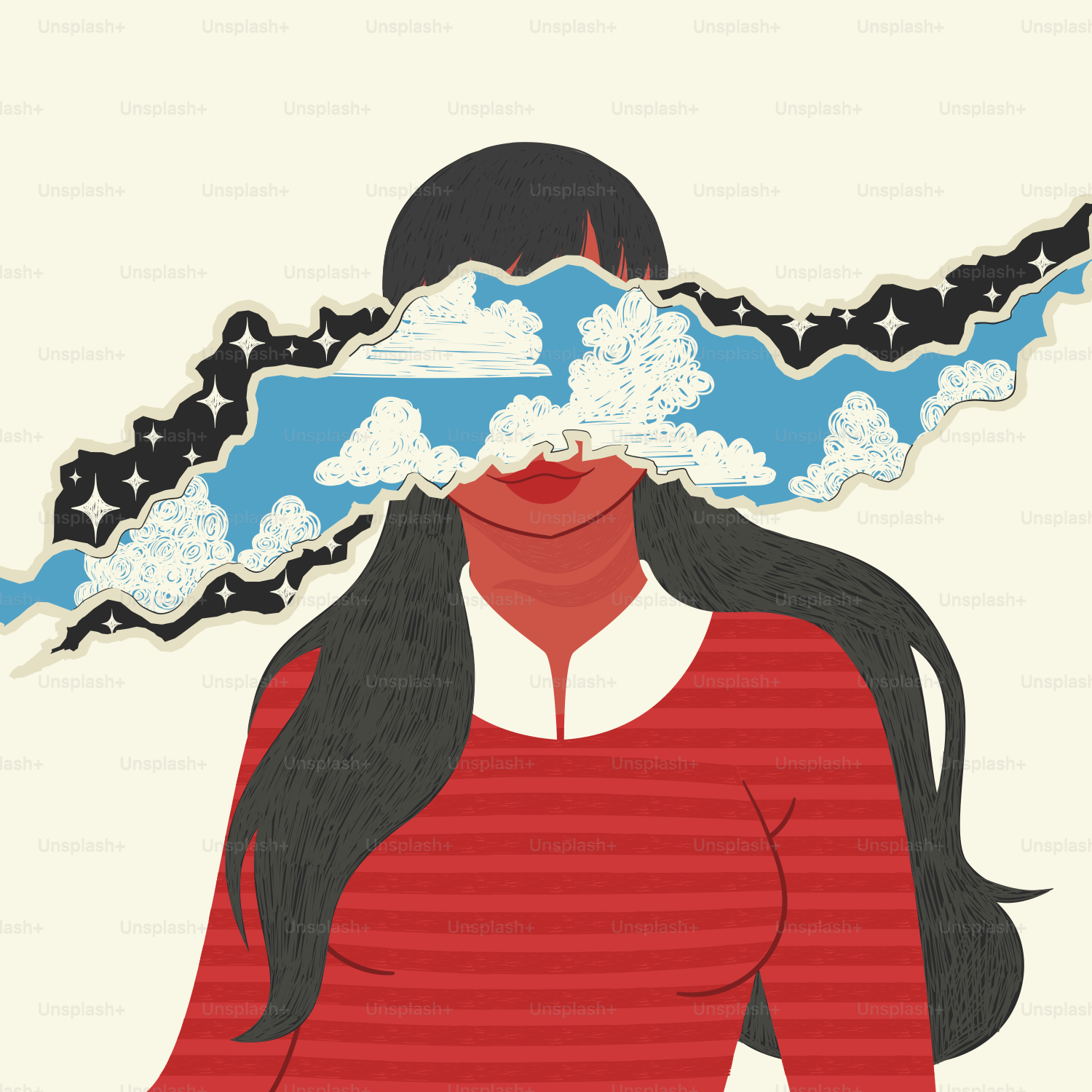 Woman's face obscured by a cloudy sky.