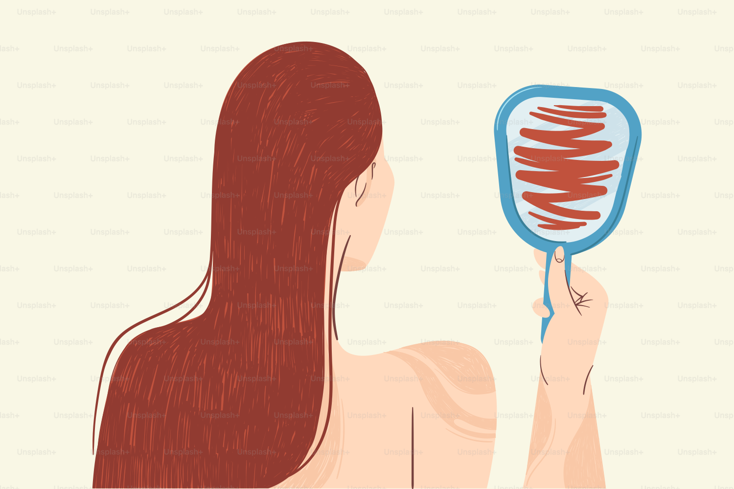 A woman checks her hair in a mirror.